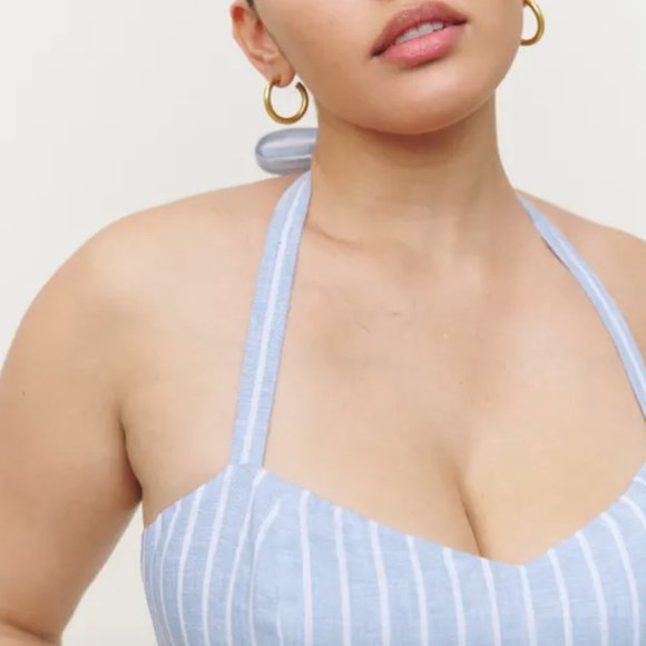 Reformation Jenna Linen Top in Mineral Stripe - Size 2 - Picture 2 of 6